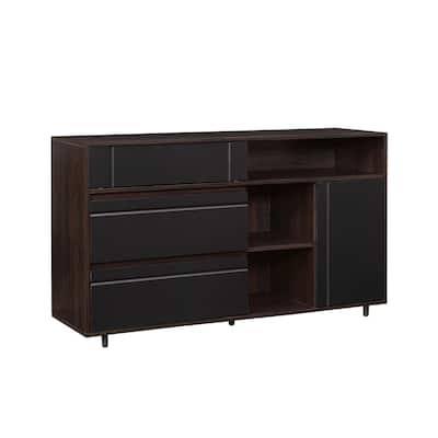 Contemporary Detailed-Door Sideboard with Open Storage - Dark Espresso / Solid Black