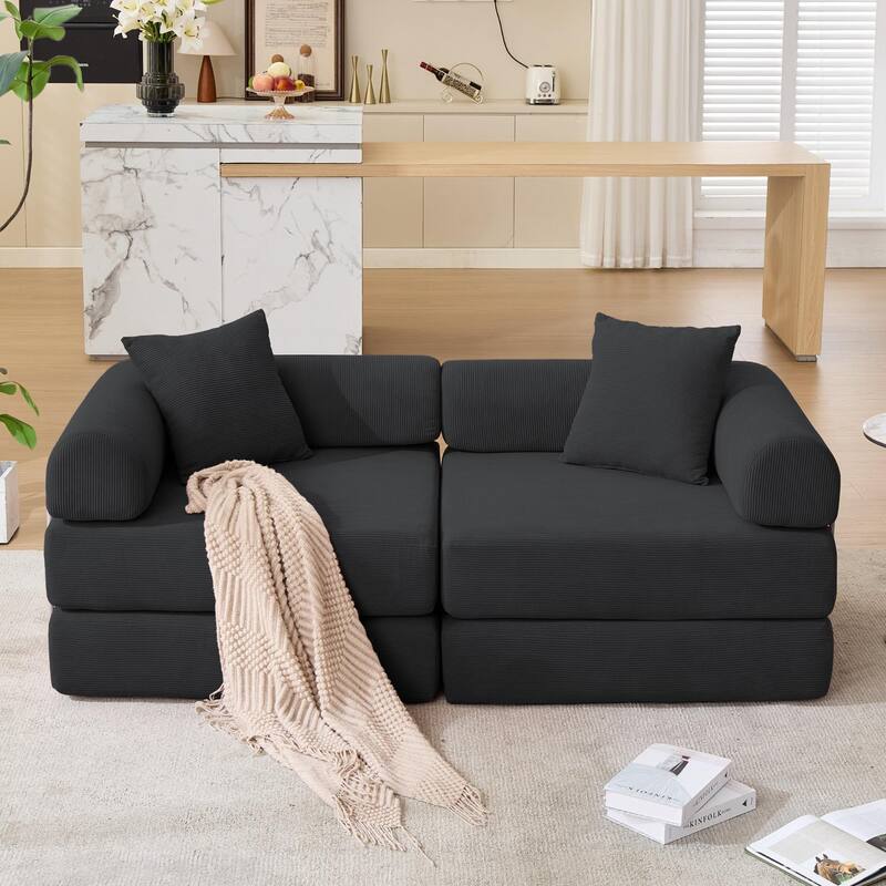 Folding Mattress Lounge Sofa with Corduroy Cushions, Convertible Sofa Bed Sleeper Sofa with Removable Armrests
