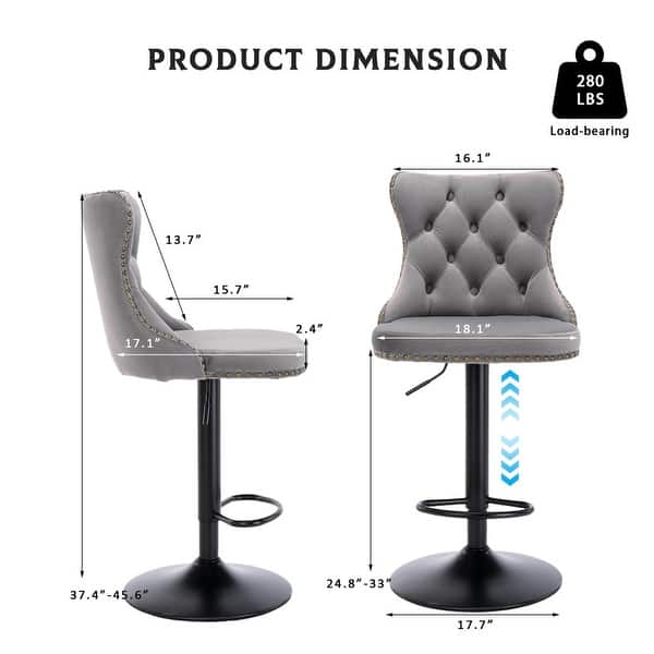 dimension image slide 3 of 16, Velvet Upholstered Nailheads Tufted Swivel Bar Stools (Set of 6)