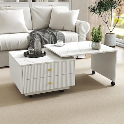 47.24" White Wooden Extendable Coffee Table with 2 Drawers and 6 Wheels