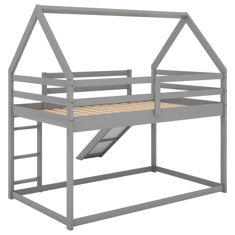 Twin Pine House Bunk Bed with Slide and Guardrails