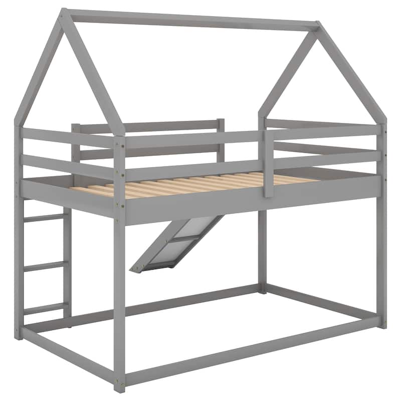 Twin Size Bunk House Bed with Slide and Ladder, White