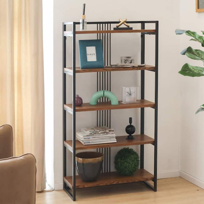 Lauxel 5 Tier Metal Framed Wood Shelf - Brown