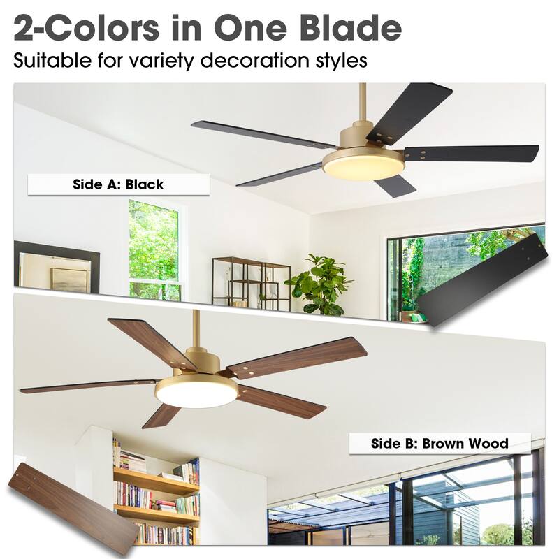 Modern 52" Gold Wooden 5-Blade Indoor Ceiling Fan with LED Light and Remote
