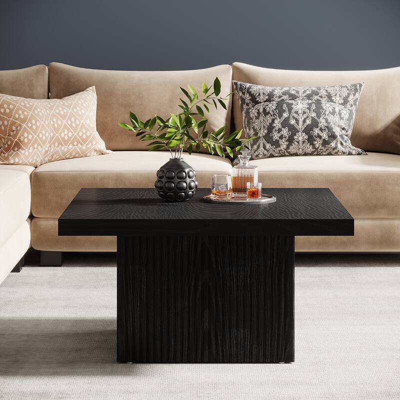 31.5 Brown Wood Square Coffee Table, Large Fluted Coffee Table for Living Room