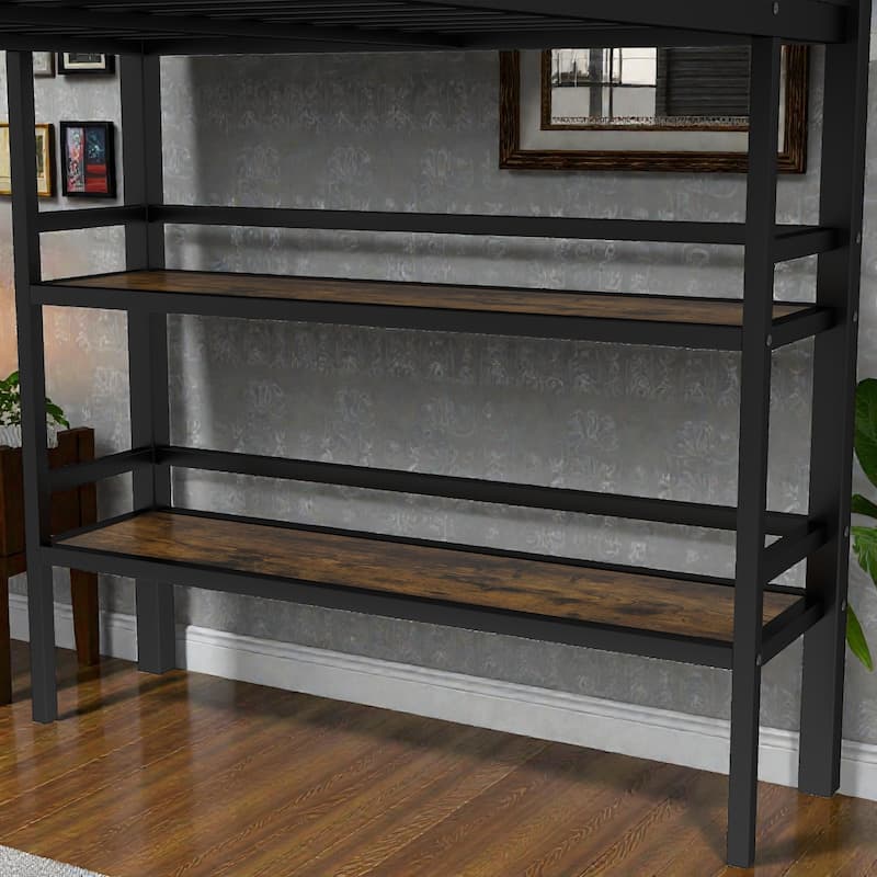Twin Metal Loft Bed with Storage Shelf, Ladder and Guardrails, Space Saving Loft Bed Frame for Kids
