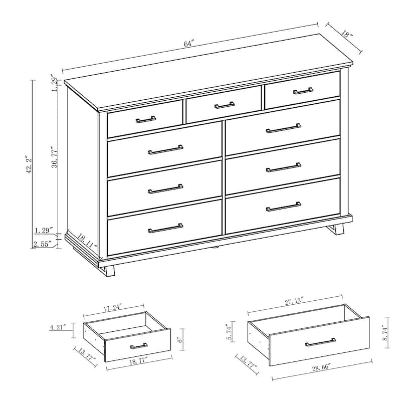 64 in. Wide 9-Drawer Dresser - Contemporary Design w/ Ample Storage
