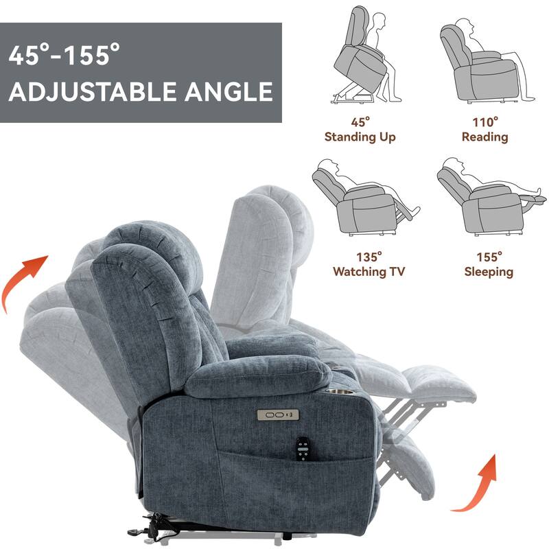 Chenille Power Lift Recliner 8 Point Vibration Massage Chair with Waist Heating, USB Ports and Stainless Steel Cup Holder