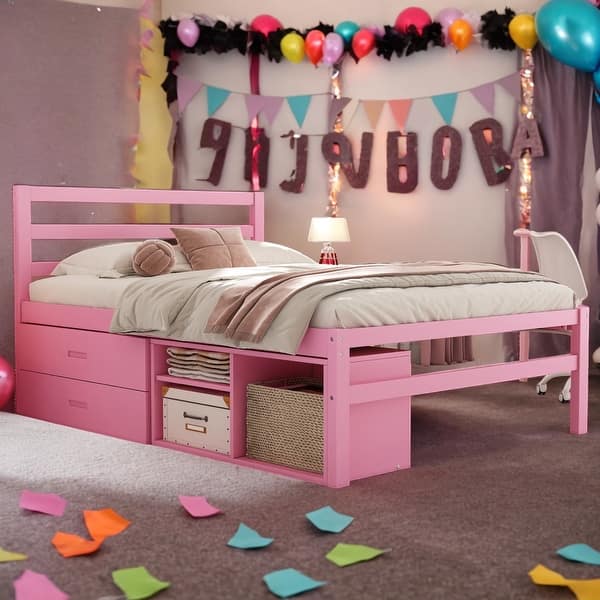 slide 2 of 45, 3 Color Full Size Wood Platform Bed with Removable Storage Shelves, Built-in 2 Storage Drawers Pink