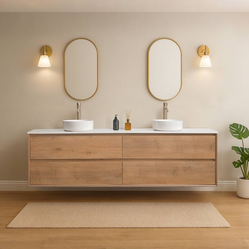 84" Floating Bathroom Vanity Quartz Counter Top with Double Ceramic Vessel Sink