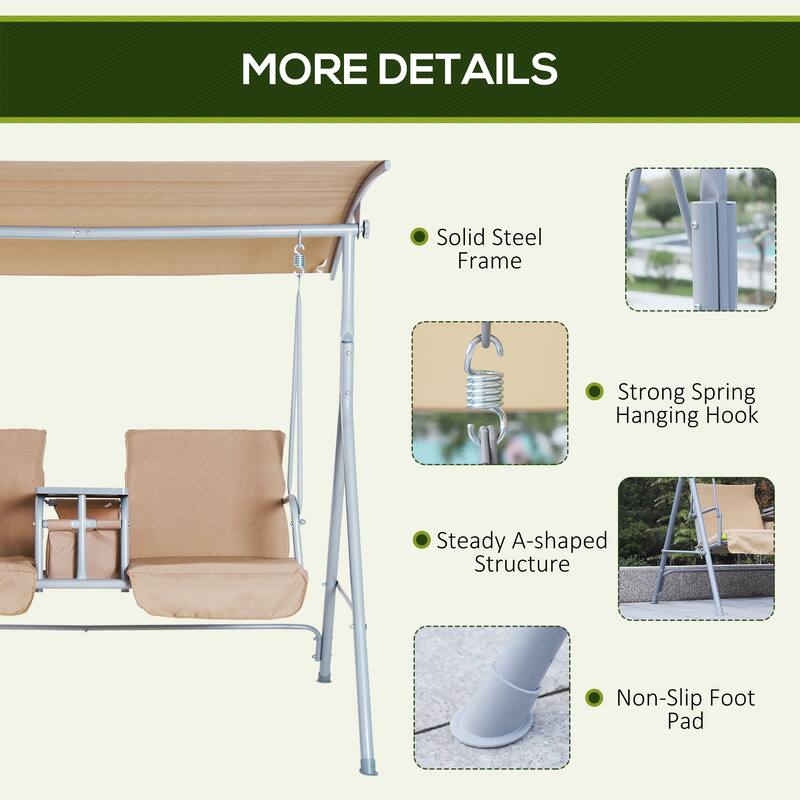 69.00 in. 2-Person Beige Metal Patio Swing with Stand and Canopy