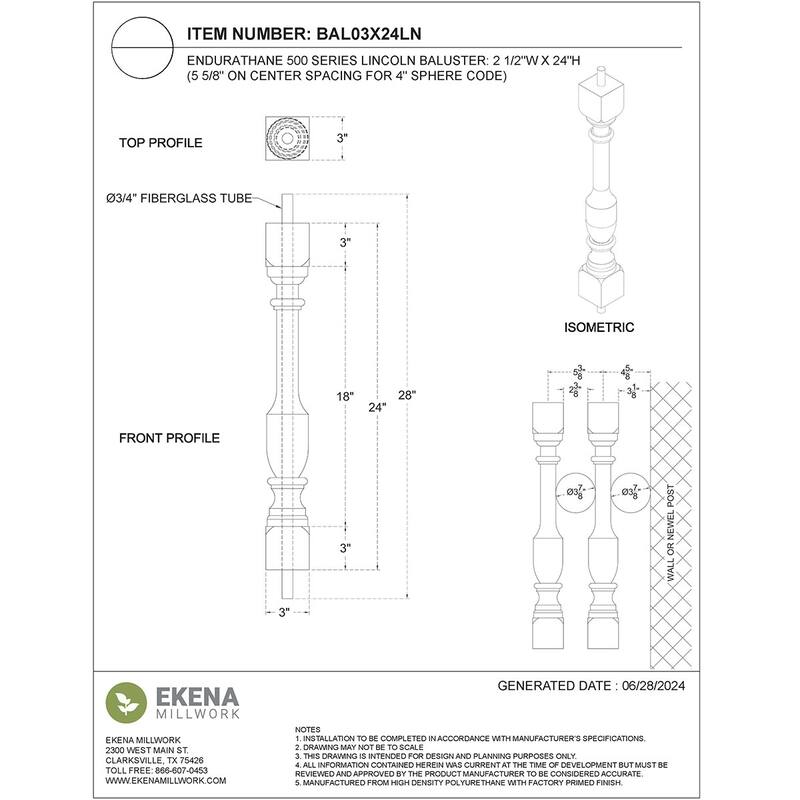 Endurathane 500 Series Lincoln Baluster, Factory Primed Polyurethane