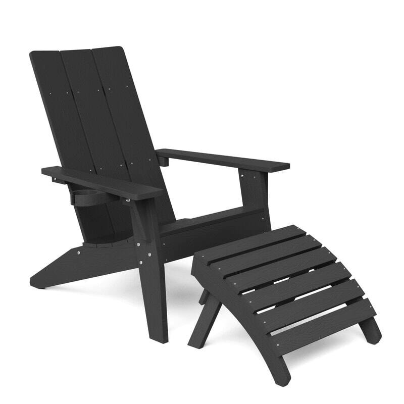 WINSOON 2-Piece All Weather HIPS Outdoor Adirondack Chair with Cup-Holder and Ottoman - Black