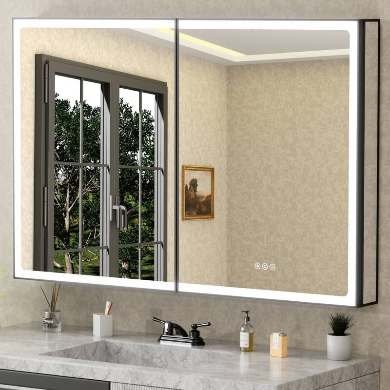 Grand Aluminum Medicine Cabinet with Mirror, Adjustable Shelves, Dimmable Light, Anti-Fog, Recessed or Wall Mount - 36"W x 32"H