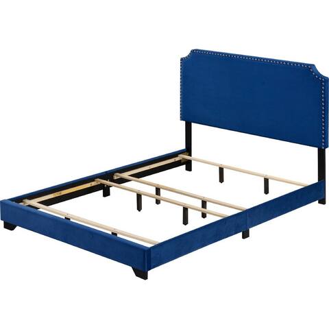 Queen Bed with Platform Style and Nailhead Trim, Blue