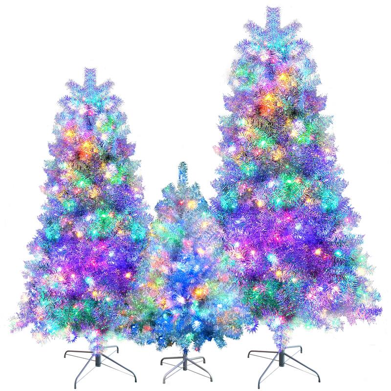 Roomfitters Pre-Lit Artificial Christmas Tree Set 4FT 6FT 7.4FT, Holiday Trees with Metal Stands, Warm Lights, Silver