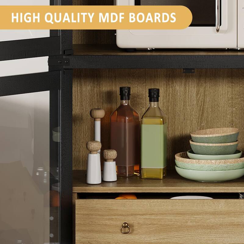 71" Tall Bookshelf, 4 Tier Book Shelf with 2 Storage Drawers, with Doors