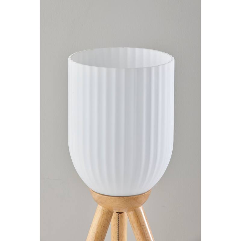 Solid Wood Tripod Table Lamp with White Ribbed Glass Shade and Pull Chain - 10” x 10” x 22.5” (D x W x H)