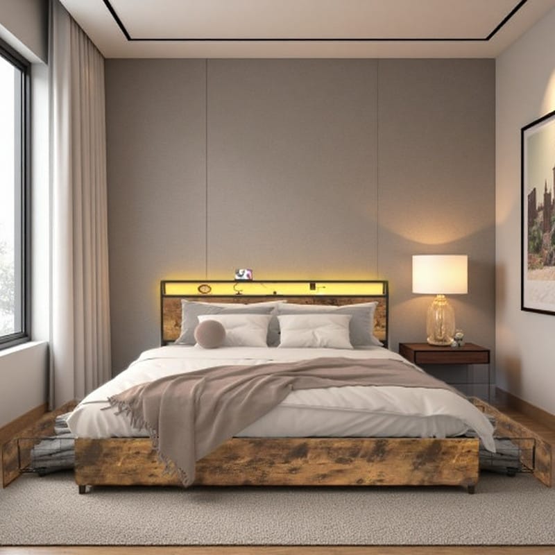 King Storage Bed Frame with LED Lighting, USB & Type-C Charging Headboard, 4 Under-Bed Drawers & Metal Frame