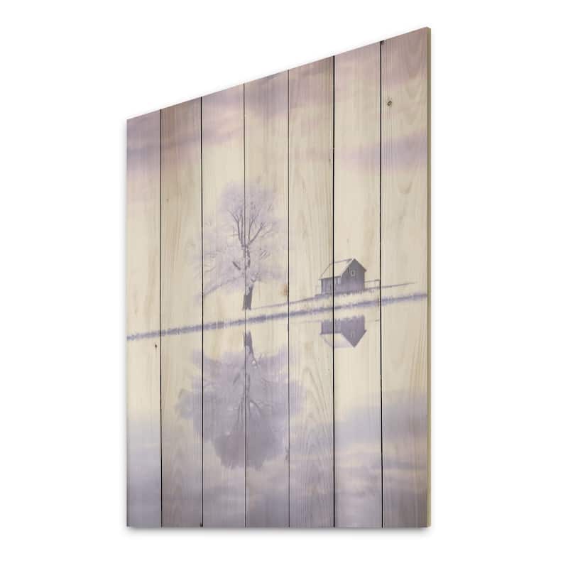 Designart "Winter Landscape Purple By The Lake" Winter Landscape Wall Art Purple Wood Panel On Natural Pine Wood