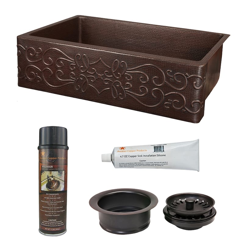 33-in Hammered Copper Kitchen Apron Single Basin Sink w/ Scroll Design with Matching Drain and Accessories (KSP3_KASDB33229S)