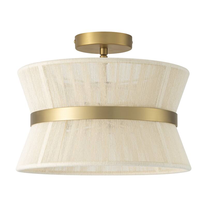 2-Light Modern Boho Gold Drum Tapered Handwoven Rope Semi-Flush Mount Light - 13.7 in. W x 11.6 in. H