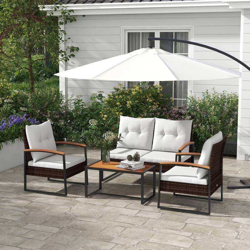 Outsunny 4 Piece Patio Furniture Set with Rattan Sofa Chair, Wood Table, Cushions, Outdoor Conversation Set for Backyard, Lawn - White