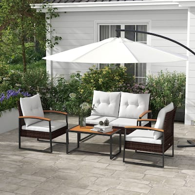 Outsunny 4 Piece Patio Furniture Set with Rattan Sofa Chair, Wood Table, Cushions, Outdoor Conversation Set for Backyard, Lawn
