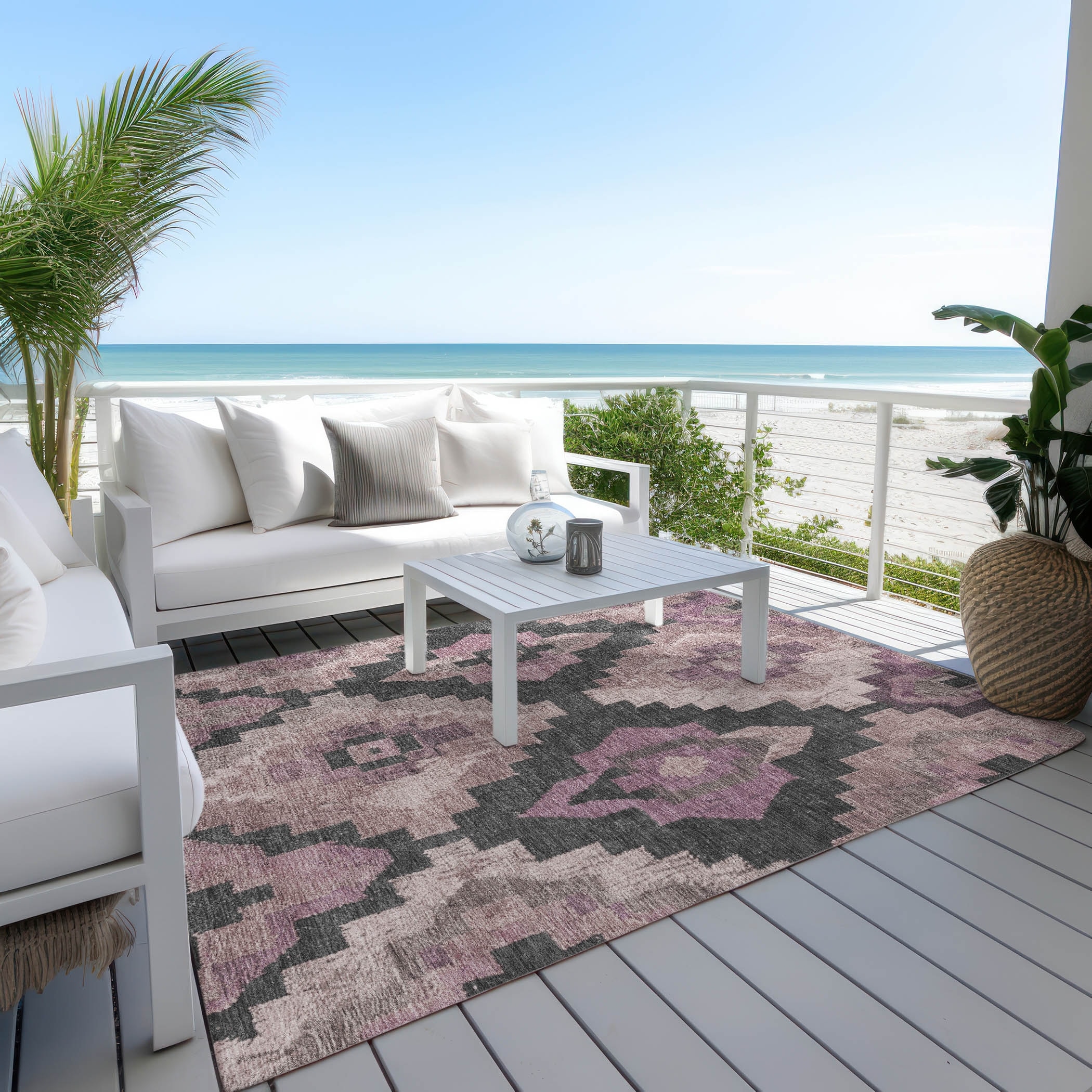 Machine Washable Indoor/ Outdoor Boho Tribal Chantille Rug