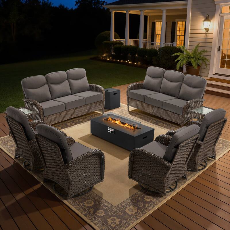 Meyreso 9-Piece Wicker Outdoor Patio Fire Pit Sofa Set with 6-Inch Thick Cushions - Brown Wicker - Gray Cushions