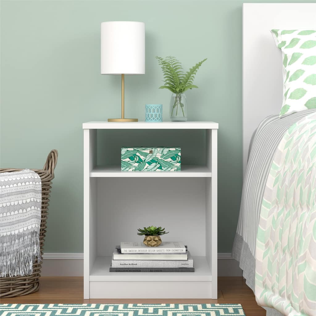 Roomfitters Classic Open Shelf Nightstand with Charging Access, Bedroom Side Table, White