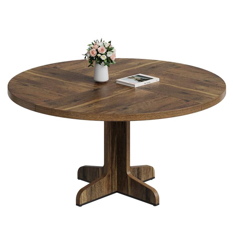47 Inch Round Dining Table for 4, Farmhouse Kitchen Dining Room Circle Dinner Table - Brown