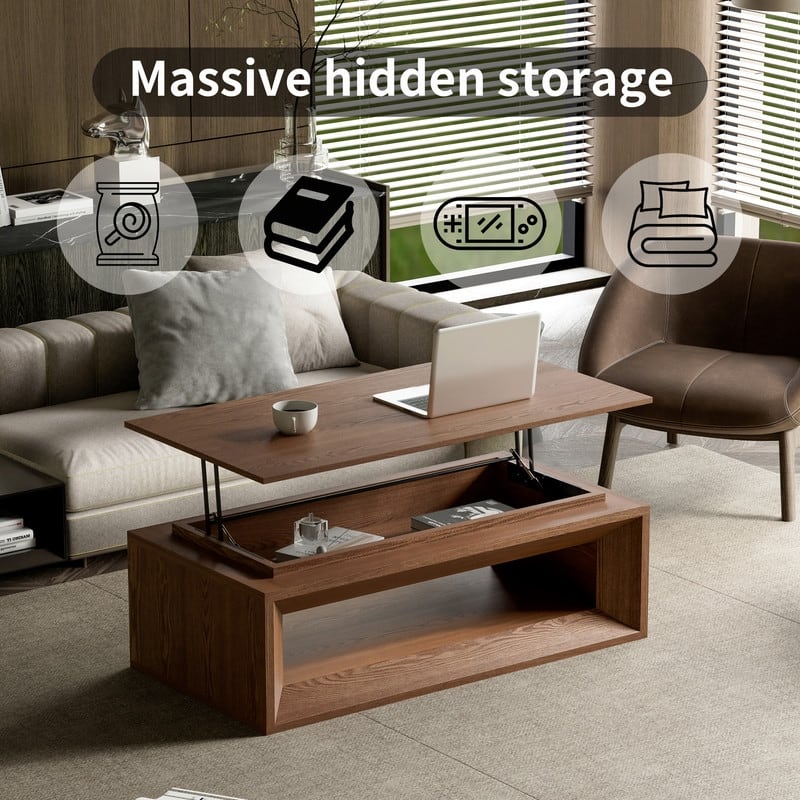 43.3" Lift-Top Coffee Table, Solid Wood Veneer Modern Accent Table with Storage and Adjustable Height