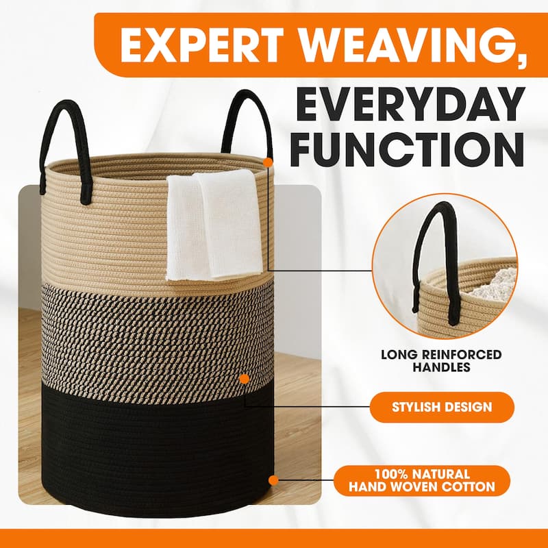Cheer Collection Large Woven Cotton Laundry Hamper with Handles Stylish Storage Basket for Clothes Toys and Blankets