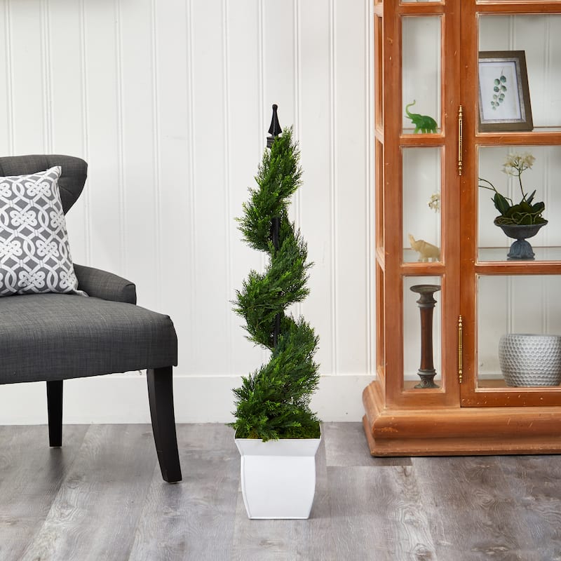 4' Cypress Spiral Topiary Artificial Tree in White Metal Planter - 8"
