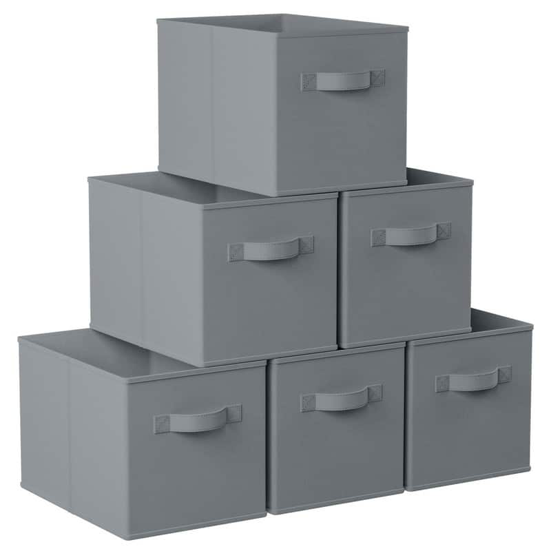 6 Pack Foldable Collapsible Storage Box Bins Shelf Basket Cube Organizer with Dual Handles -13 x 13 x 13 - 13" x 15" x 13" - Grey