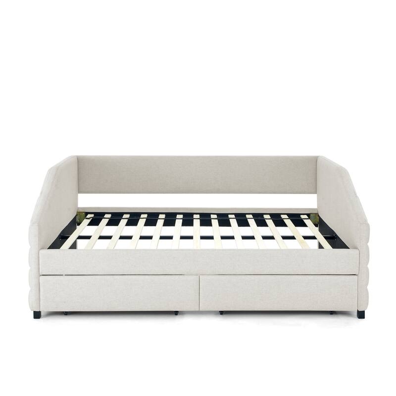 Twin/Full/Queen Size Upholstered Daybed with 2 Drawers, Linen Fabric Upholstered Sofa Bed, Wheeled Storage Daybed w/ Wood Frame