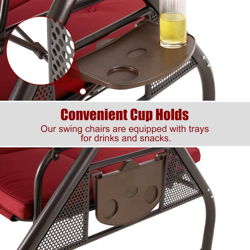 3-Seat Outdoor Porch Swing with Adjustable Canopy & Stand, Convertible Bed, All-Weather, Thickened Cushions & Cup Holders