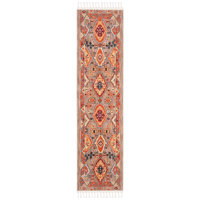 SAFAVIEH Farmhouse Nadide Boho Tribal Polyester Rug - 2'1" x 10' Runner - Taupe/Orange