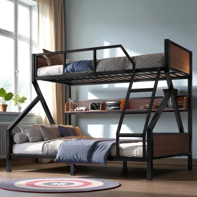 Twin over Full / Twin XL over Queen Metal Bunk Bed with Storage Shelves & LED Lights, Sturdy Noise-Free Space-Saving Design