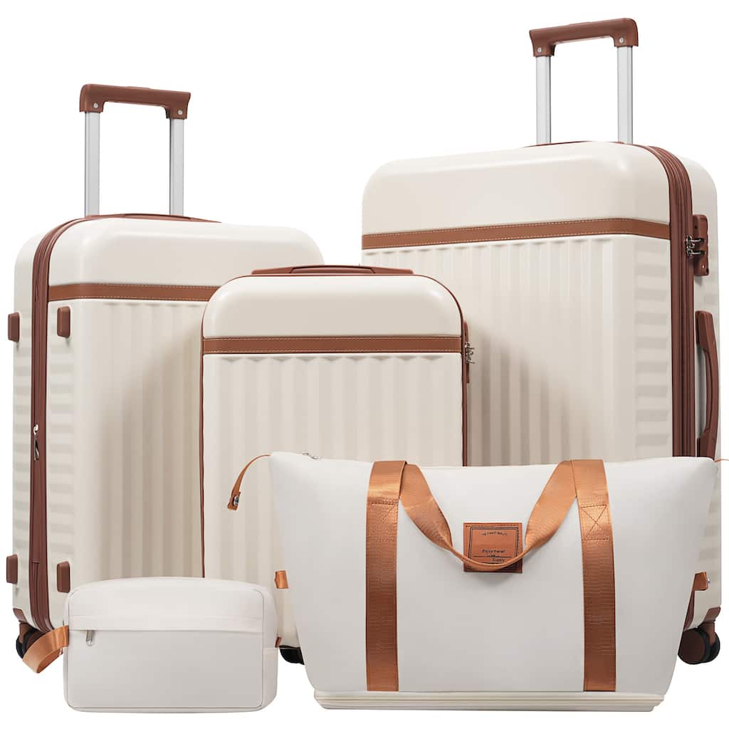 5-Piece Modern Hard-Shell Luggage Expandable Luggage with Spinner Wheels and TSA Lock, for Boarding Travel, Brown+White