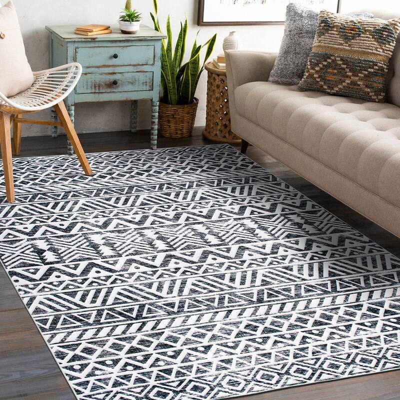 World Rug Gallery Contemporary Distressed Geometric Machine Washable Area Rug