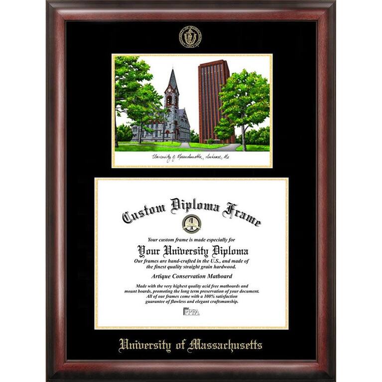 University of Massachusetts 11w x 8.5h Gold Embossed Diploma Frame with Campus Images Lithograph