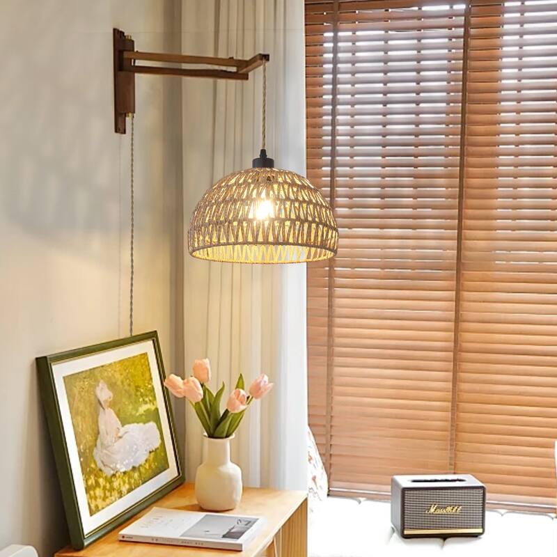 Plug in Handwoven Hemp Rope Lampshade Pendant Light with On/Off Switch