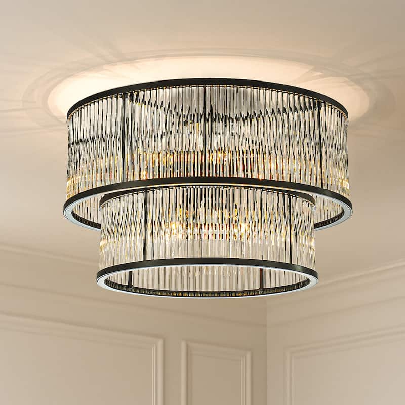 Modern Glam Black / Antique Bronze 4/10-Light Glass Drum Flush Mount Contemporary Ceiling Light For Living Room Entryway
