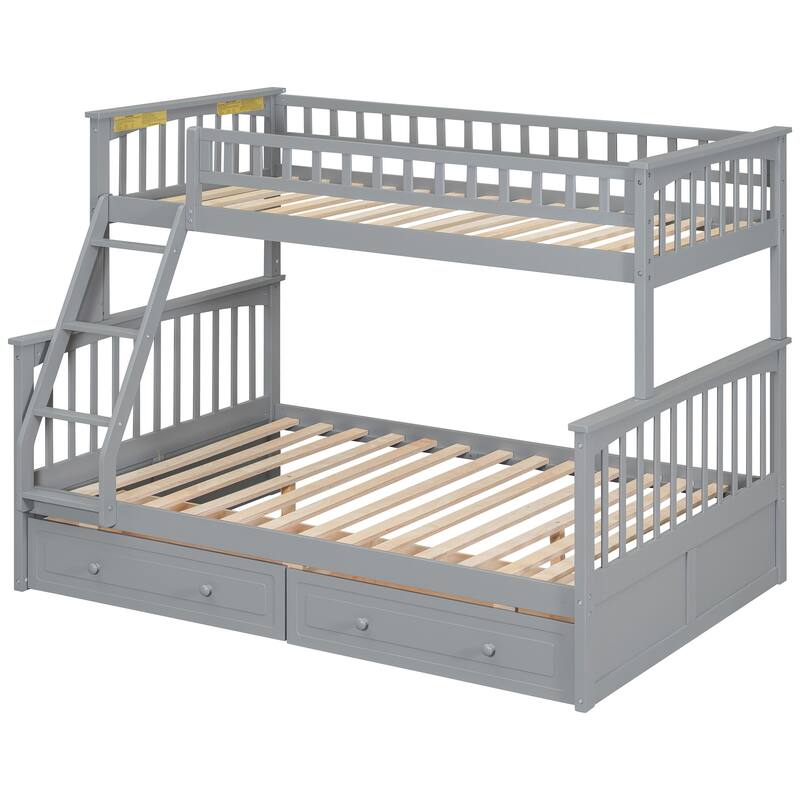 Wooden Storage Bunk Bed Frame with Fence-shaped Guardrails and Pull-out Drawers, Convertible 2 Platform Beds, Detachable Design