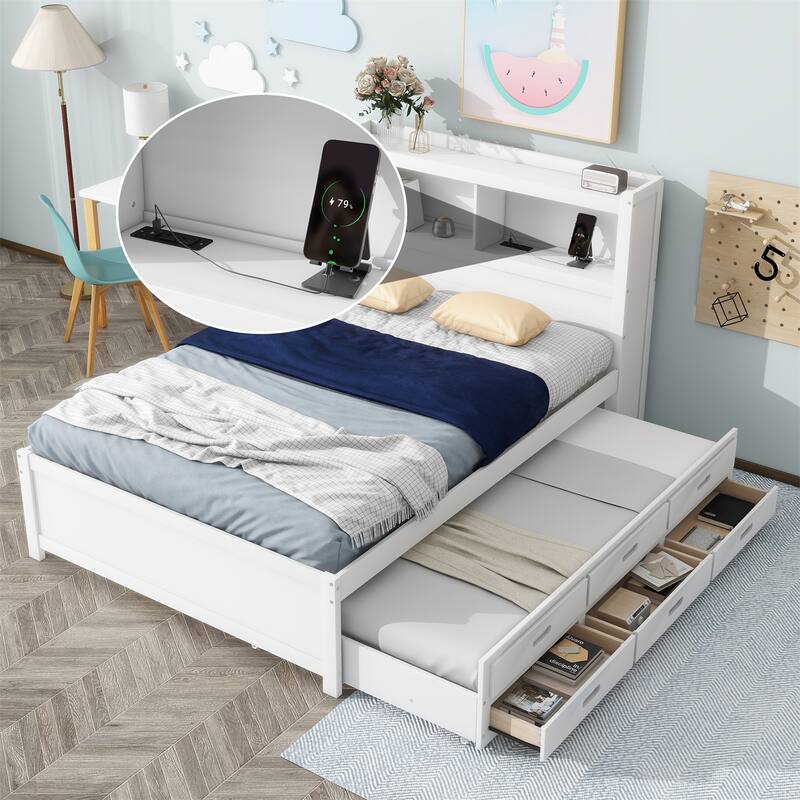 Full Size Platform Bed with Trundle, Drawers and USB Plugs - White
