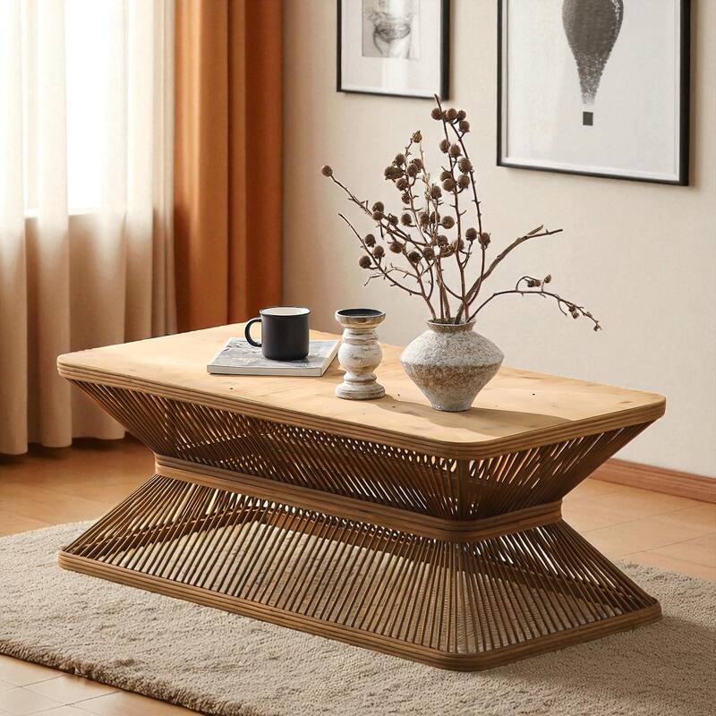 43.3" Mid-Century Modern Coffee Table - Rectangular Wood Accent Table with Woven Bamboo Base, Rustic Boho Style - Natural