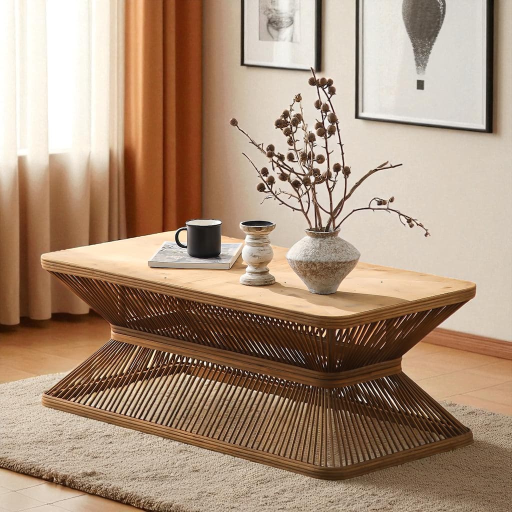 43.3" Mid-Century Modern Coffee Table - Rectangular Wood Accent Table with Woven Bamboo Base, Rustic Boho Style
