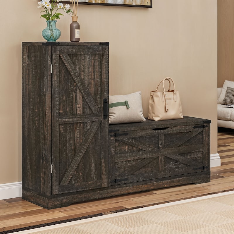 Moasis Farmhouse Shoe Storage Bench with 5 Adjustable Shelves Cabinet for Entryway - Dark Oak